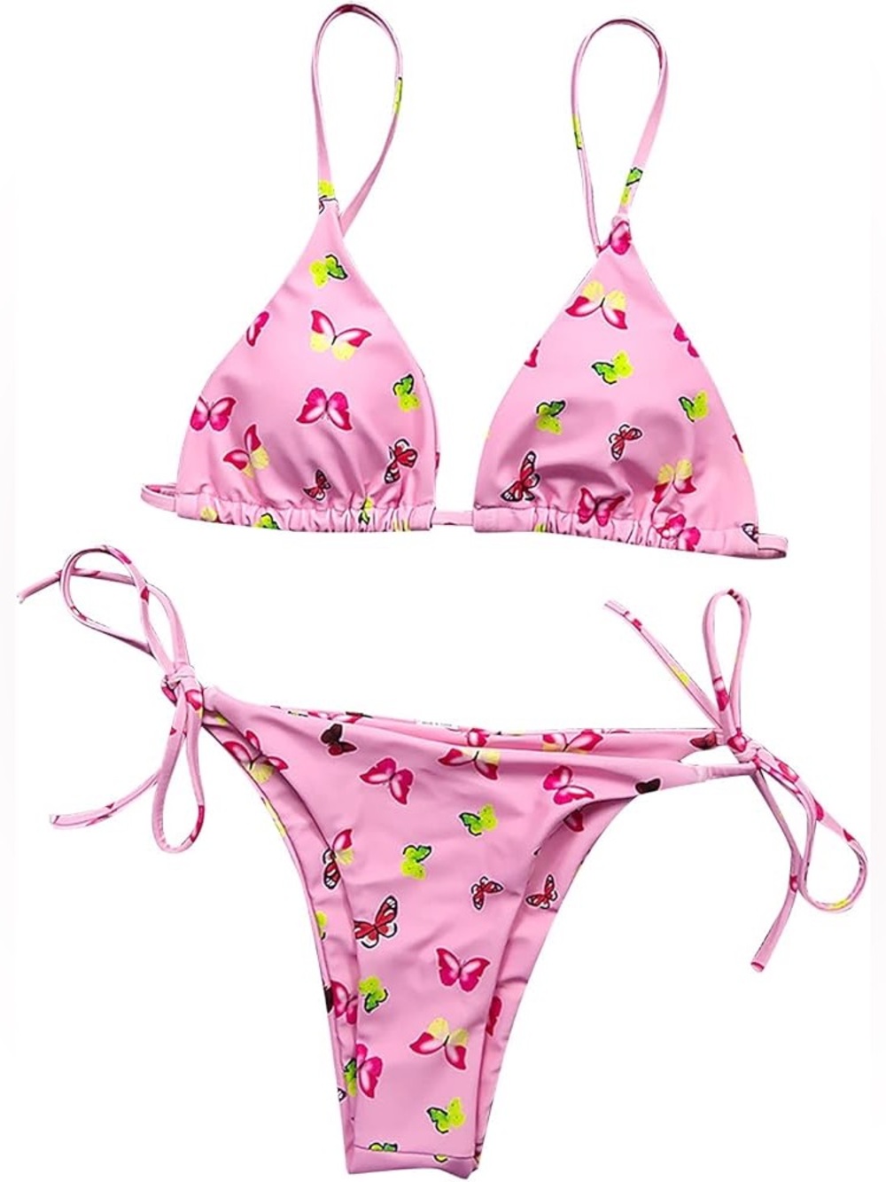 Pink Butterfly Print Triangle String Bikini Set